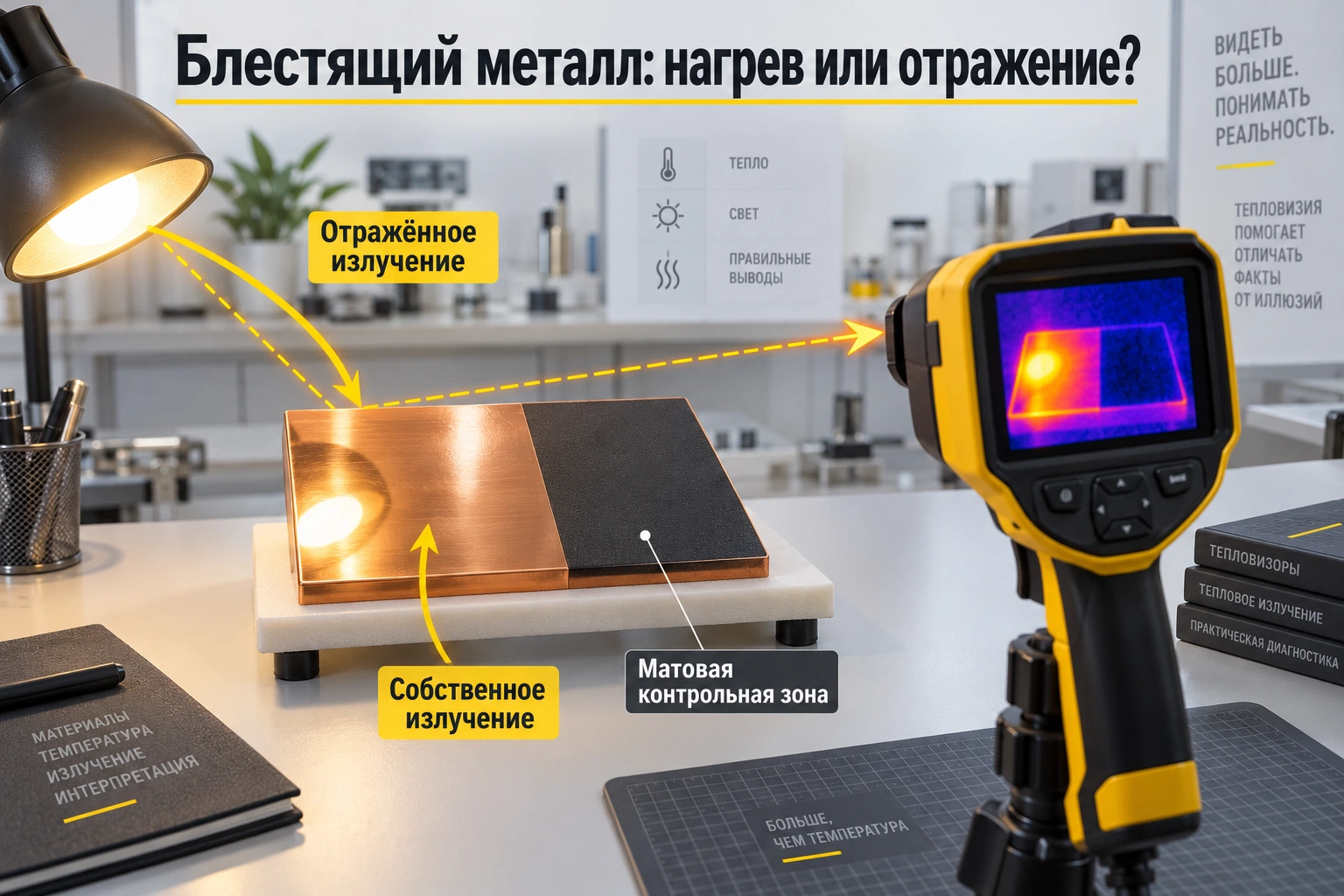 Собственное и отражённое излучение на блестящей металлической поверхности
