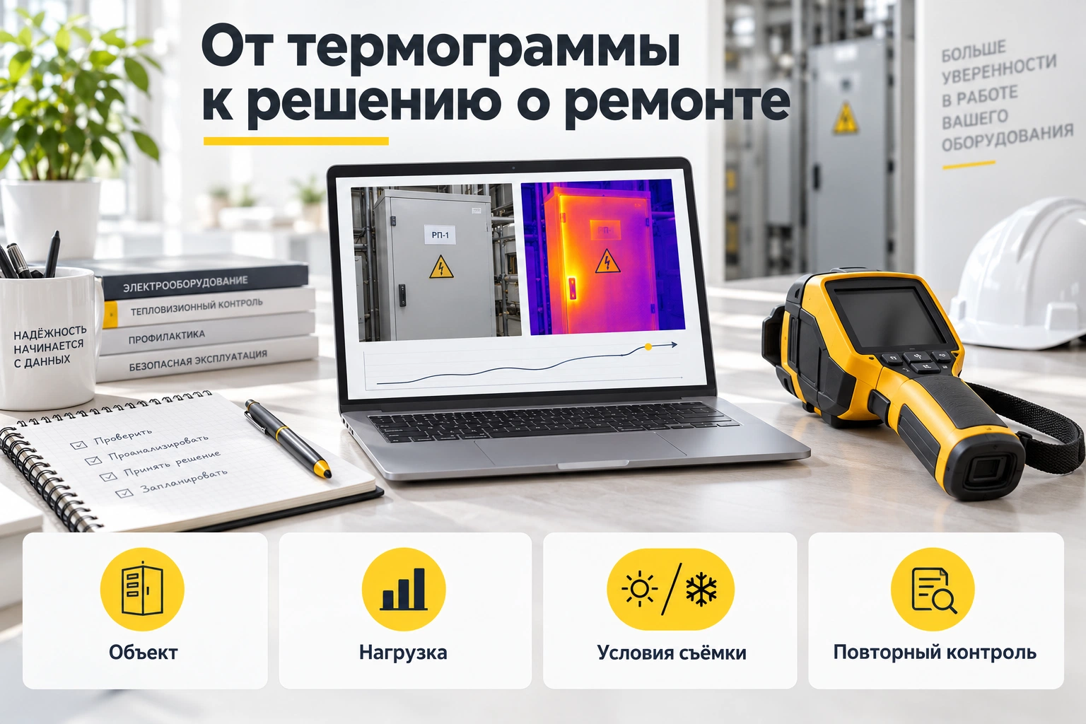 Данные объекта, нагрузки и условий съёмки в отчёте тепловизионного обследования