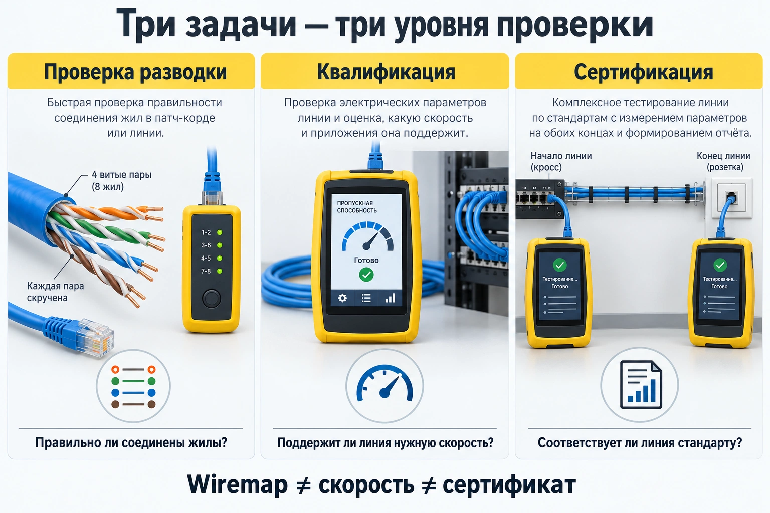 Различие проверки разводки, квалификации кабеля по скорости и сертификации СКС