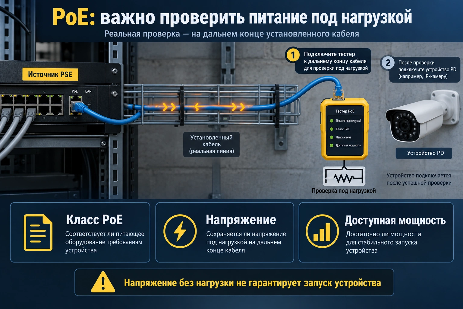 Проверка класса PoE, напряжения и мощности под нагрузкой на дальнем конце кабеля