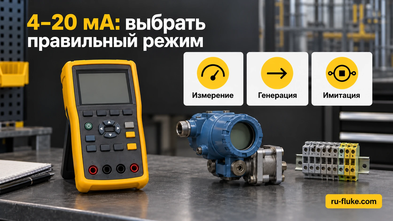 Выбор режима измерения, генерации или имитации сигнала 4–20 мА