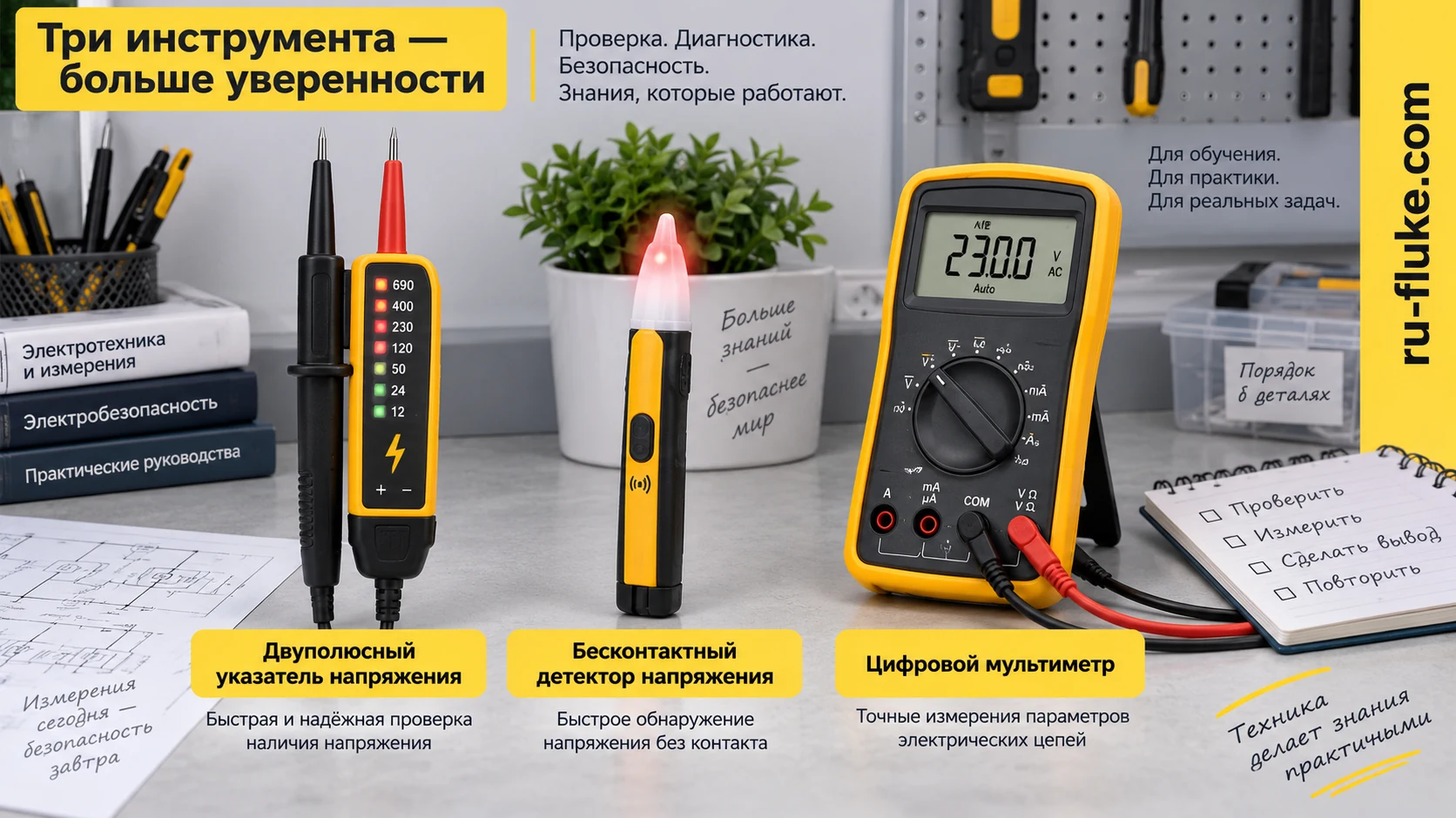 Двухполюсный тестер, бесконтактный индикатор и мультиметр